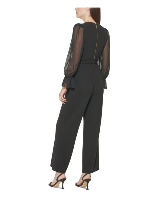 CALVIN KLEIN Crewneck Chiffon Flare-Leg Jumpsuit