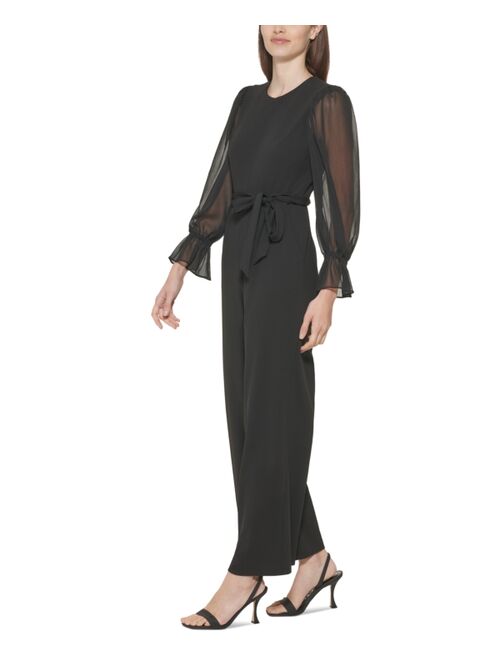 CALVIN KLEIN Crewneck Chiffon Flare-Leg Jumpsuit