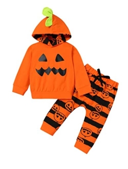 Helbaar Halloween Outfit Toddler Baby Boys Halloween Hoodie Clothes Pumpkin Face Print Sweatshirt Stripe Pants Halloween Set