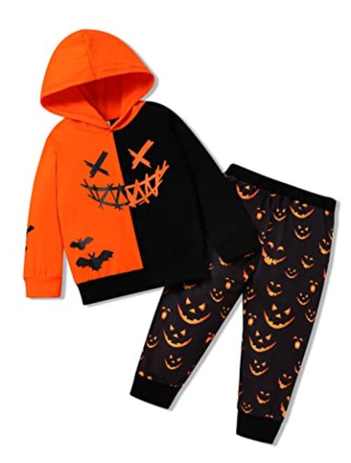 Helbaar Halloween Outfit Toddler Baby Boys Halloween Hoodie Clothes Pumpkin Face Print Sweatshirt Stripe Pants Halloween Set