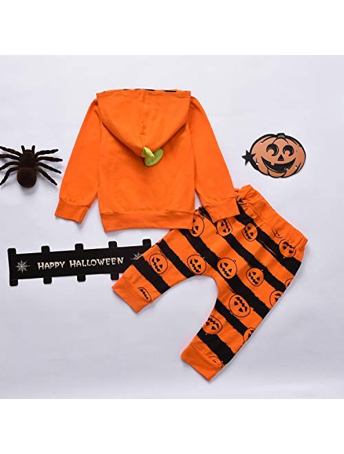 Guodeunh Toddler Baby Boys Girls My First Halloween Outfits Pumpkin Skeleton Smiles Hoodie Top Stripe Pants Leggings Set