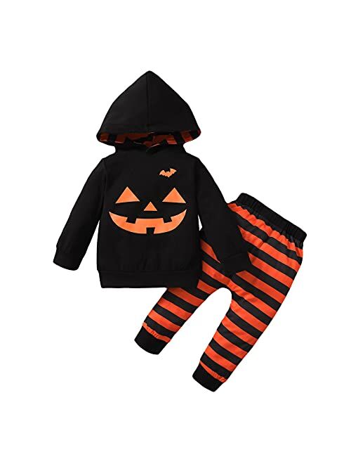 Guodeunh Toddler Baby Boys Girls My First Halloween Outfits Pumpkin Skeleton Smiles Hoodie Top Stripe Pants Leggings Set