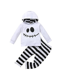 Cutoluca Toddler Baby Boy Halloween Clothes Set 2PCS Long Sleeve Printed Hooded Pullover Stripe Pants Fall Kids Outfit