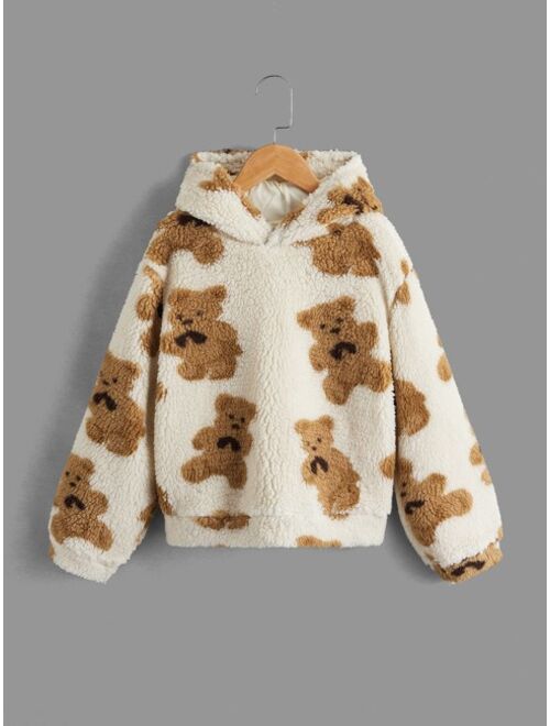 SHEIN Boys Bear Print Drop Shoulder Teddy Hoodie