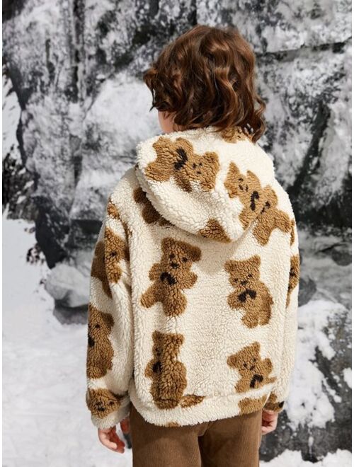 SHEIN Boys Bear Print Drop Shoulder Teddy Hoodie