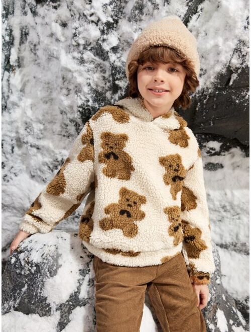 SHEIN Boys Bear Print Drop Shoulder Teddy Hoodie