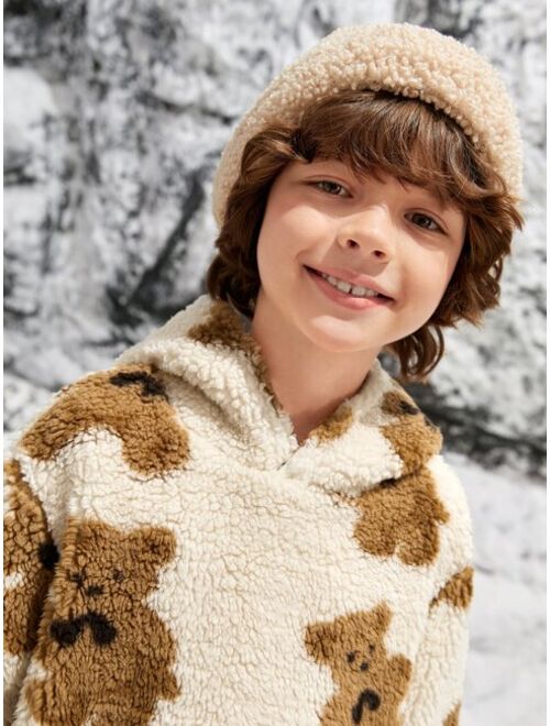 SHEIN Boys Bear Print Drop Shoulder Teddy Hoodie