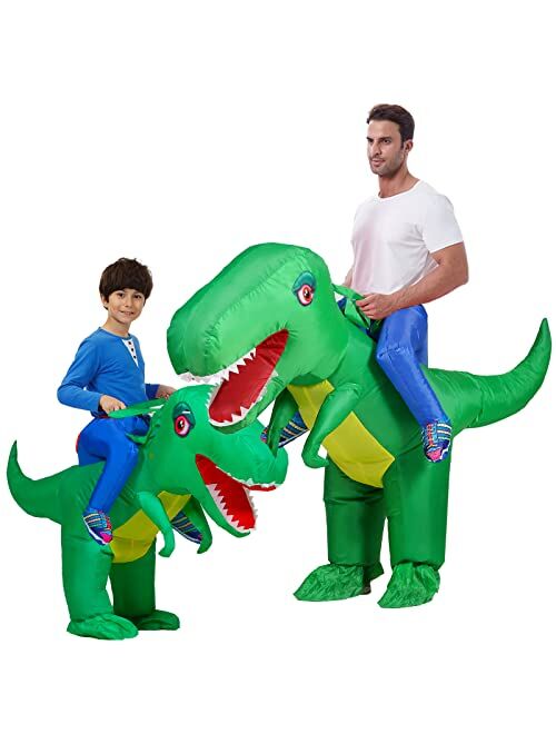 Qwayhome 2Pack Inflatable Riding Dinosaur Costumes for Adult Kids, Funny Blow up Halloween Dinosaur Costume,Halloween Parent-child T Rex Dino Suits Gifts (L+M)