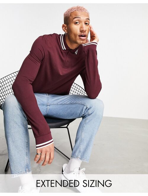 ASOS DESIGN long sleeve tipped pique polo shirt in burgundy - RED