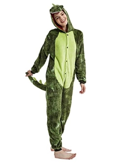 CALANTA Dinosaur Onesie Unisex Adult T-Rex Dragon Animal Costume Women Plush Pajamas One Piece Cosplay Halloween Christmas