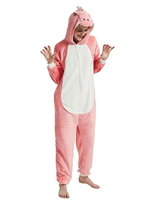 CALANTA Dinosaur Onesie Unisex Adult T-Rex Dragon Animal Costume Women Plush Pajamas One Piece Cosplay Halloween Christmas