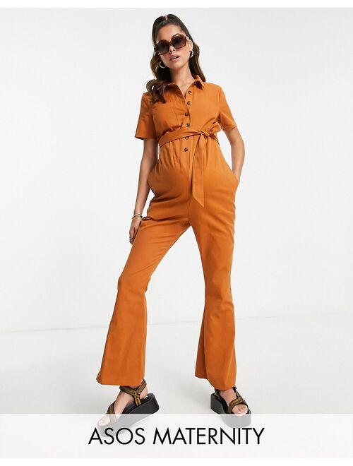 ASOS DESIGN Maternity twill 70s kick flare jumpsuit in brown