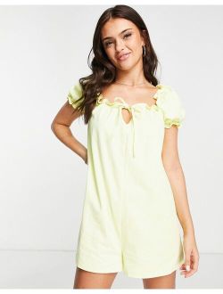 twill puff sleeve smock romper in lemon