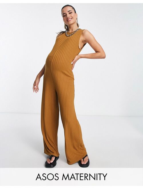 ASOS DESIGN Maternity rib sleeveless smock jumpsuit in tobacco