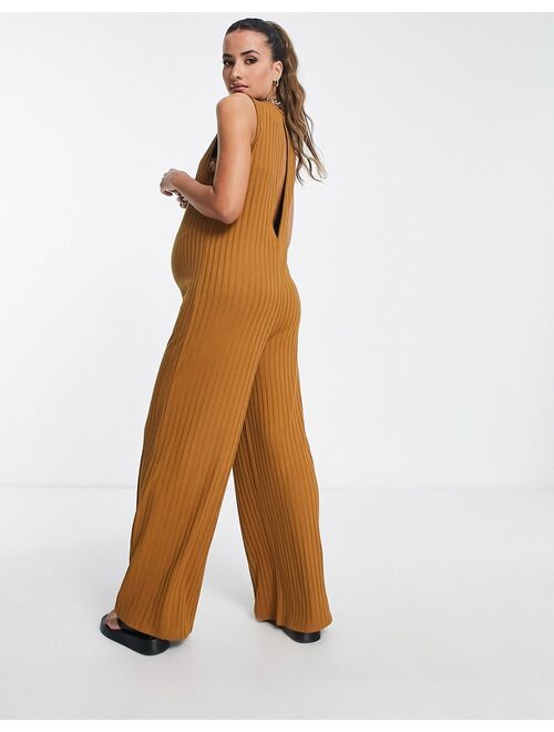 ASOS DESIGN Maternity rib sleeveless smock jumpsuit in tobacco