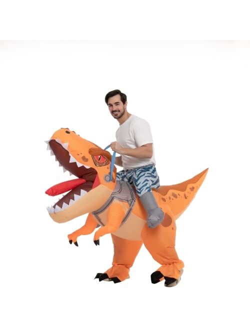 Spooktacular Creations Inflatable Costume for Kids, Tyrannosaurus Air Blow Up Costume, Yellow Ride on Dinosaur Costumes for Halloween Costume Parties