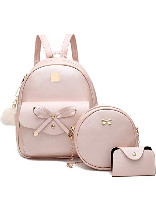 I Ihayner Girls Bowknot 3-Pieces Fahsion Leather Backpack Backpack Purse for Women Rucksack for Ladies Shoulder Bag