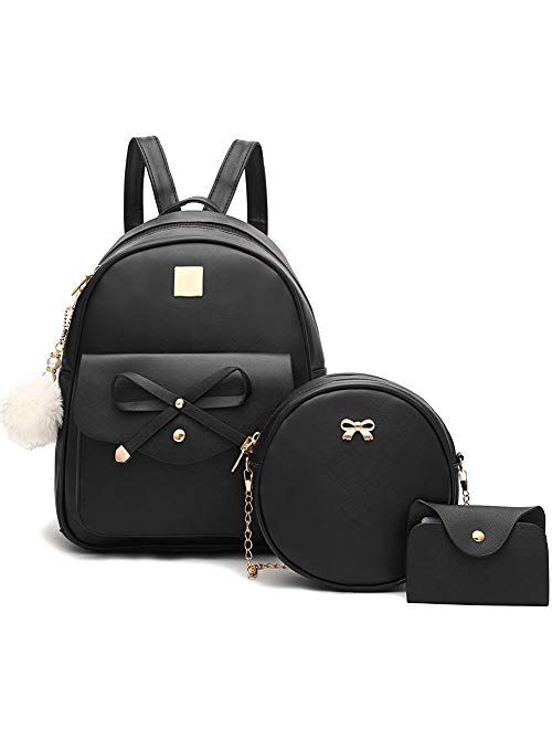 I Ihayner Girls Bowknot 3-Pieces Fahsion Leather Backpack Backpack Purse for Women Rucksack for Ladies Shoulder Bag