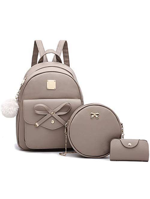 I Ihayner Girls Bowknot 3-Pieces Fahsion Leather Backpack Backpack Purse for Women Rucksack for Ladies Shoulder Bag