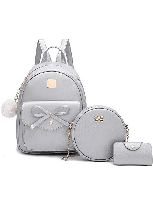 I Ihayner Girls Bowknot 3-Pieces Fahsion Leather Backpack Backpack Purse for Women Rucksack for Ladies Shoulder Bag