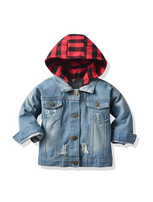 Faxson Baby Boys Girls Denim Jackets Kids Toddler Plaid Button Down Jeans Coats Top Outerwear