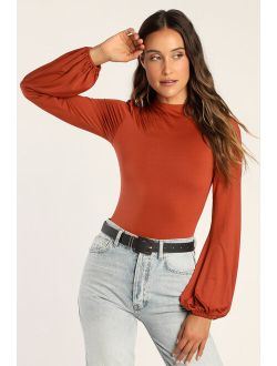 Sleek Style Rust Orange Long Sleeve Funnel Neck Bodysuit