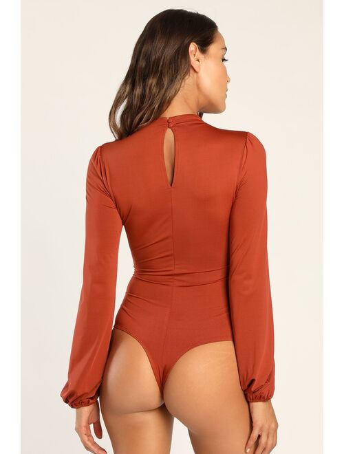 Lulus Sleek Style Rust Orange Long Sleeve Funnel Neck Bodysuit