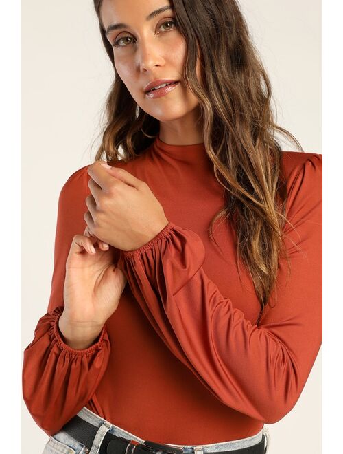 Lulus Sleek Style Rust Orange Long Sleeve Funnel Neck Bodysuit