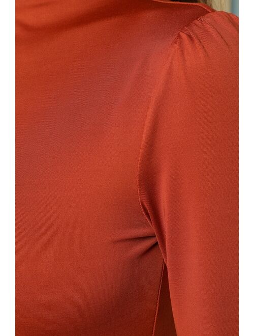 Lulus Sleek Style Rust Orange Long Sleeve Funnel Neck Bodysuit