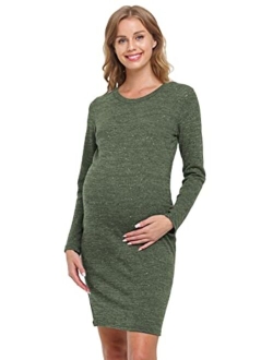 HELLO MIZ Women's Knit Ribbed Maternity Dress with Long Sleeve