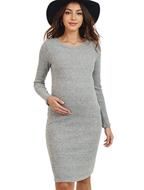 HELLO MIZ Women's Knit Ribbed Maternity Dress with Long Sleeve