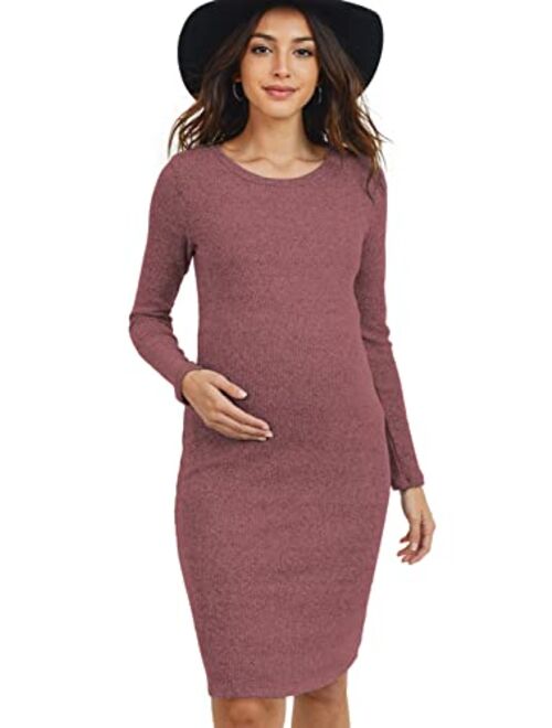 HELLO MIZ Women's Knit Ribbed Maternity Dress with Long Sleeve