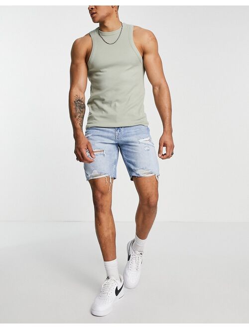 Pull&Bear straight fit denim shorts with rips in mid blue