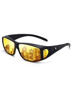 Night Vision Glasses for Men Women Anti Glare Polarized HD Night Driving Glasses Wrap Around Fit Over Prescription Eyewear