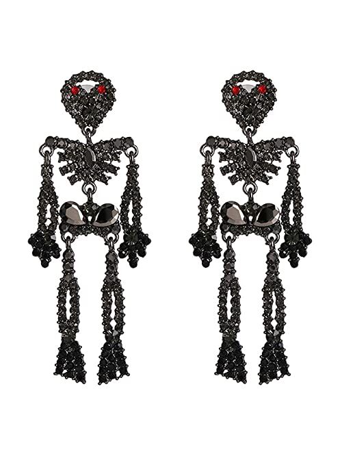 Frodete Halloween Skeleton Skull Earrings for Women Bling Rhinestone Crystal Gothic Skull Earring Halloween Theme Jewelry Gift Charm