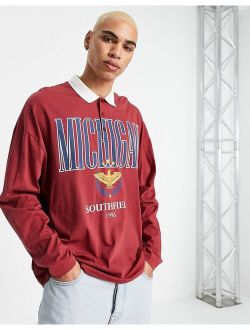 oversized long sleeve polo t-shirt in burgundy with Michigan print