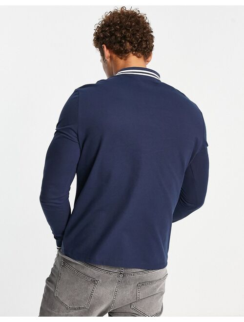 ASOS DESIGN long sleeve tipped pique polo shirt in navy