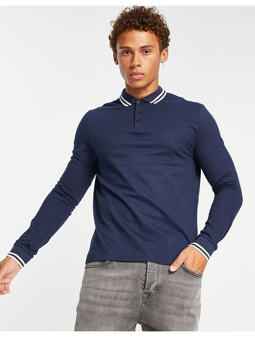 ASOS DESIGN long sleeve tipped pique polo shirt in navy