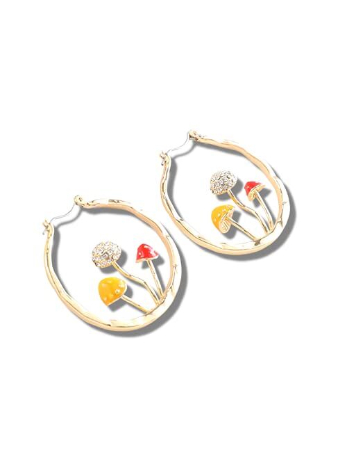 Posh Professors Cute Mushroom Earrings Chunky Gold Hoop Summer Jewelry Anime Kawaii Statement Unique Fun Aesthetic Boho Trendy Hypoallergenic earingings for women