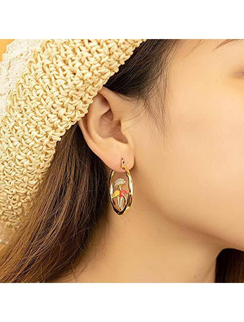 Posh Professors Cute Mushroom Earrings Chunky Gold Hoop Summer Jewelry Anime Kawaii Statement Unique Fun Aesthetic Boho Trendy Hypoallergenic earingings for women