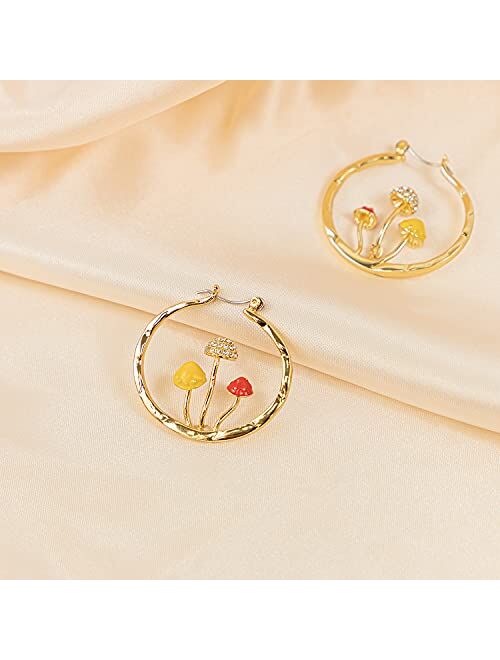 Posh Professors Cute Mushroom Earrings Chunky Gold Hoop Summer Jewelry Anime Kawaii Statement Unique Fun Aesthetic Boho Trendy Hypoallergenic earingings for women