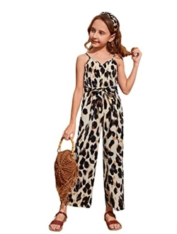 Girl's Leopard Print Spaghetti Strap Wrap V Neck Belted Cami Jumpsuit