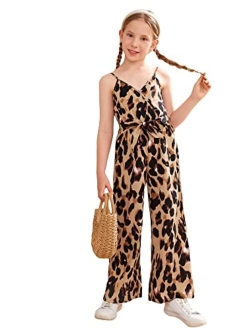 Girl's Leopard Print Spaghetti Strap Wrap V Neck Belted Cami Jumpsuit