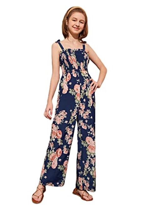 WDIRARA Girl's Leopard Print Spaghetti Strap Wrap V Neck Belted Cami Jumpsuit