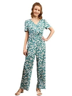 Girl's Floral Print Wrap V Neck Short Sleeve High Waist Jumpsuit Pants