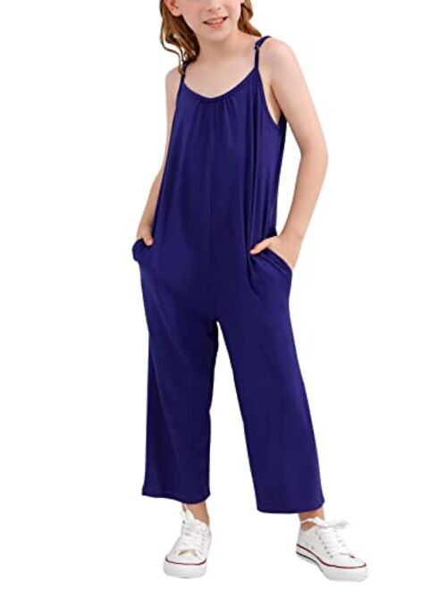 GORLYA Girls Sleeveless Casual Jumpsuit Rompers Straight Wide Leg Pants Outfits for 4-14T