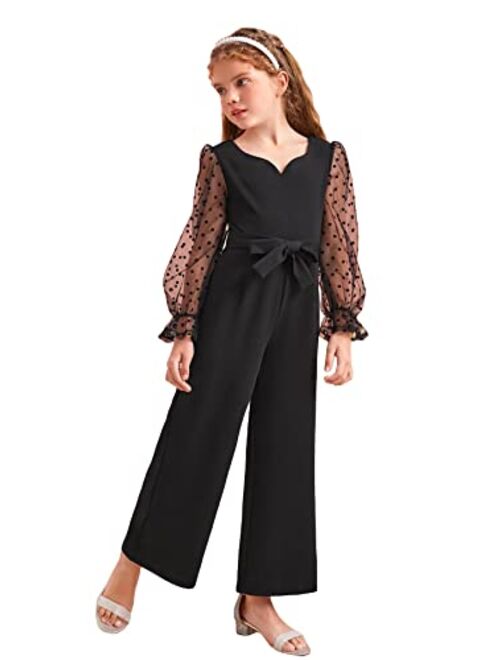 OYOANGLE Girl's Polka Dots Mesh Long Sleeve Sweetheart Neck Belted Jumpsuit Romper