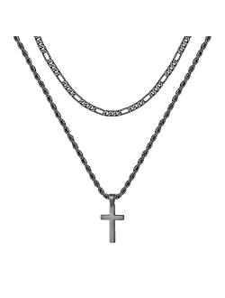 Yesteel Layered Cross Chain Necklace for Men Women, Stainless Steel Rope Figaro Chain Cross Pendant Necklace Jewelry Gifts Men Women Teenage Boys 16-24 Inches Silver Blac