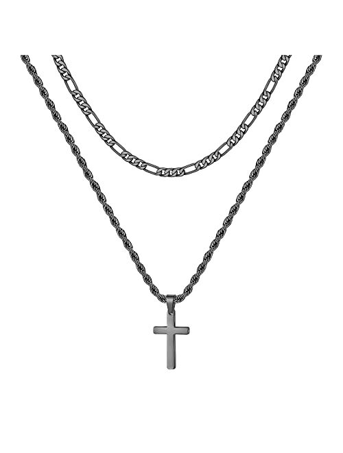 Yesteel Layered Cross Chain Necklace for Men Women, Stainless Steel Rope Figaro Chain Cross Pendant Necklace Jewelry Gifts Men Women Teenage Boys 16-24 Inches Silver Blac