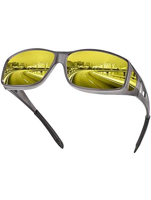 URUMQI Night Driving Glasses Fit Over Glasses for Men & Women, HD Polarized Anti Glare Night Vision Glasses Wrap Around